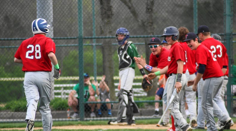 Talawanda’s Brecken Hornsby rounds third and comes in to score after hitting a home run for the freshman team at Oxford Community Park in 2017. CONTRIBUTED PHOTO