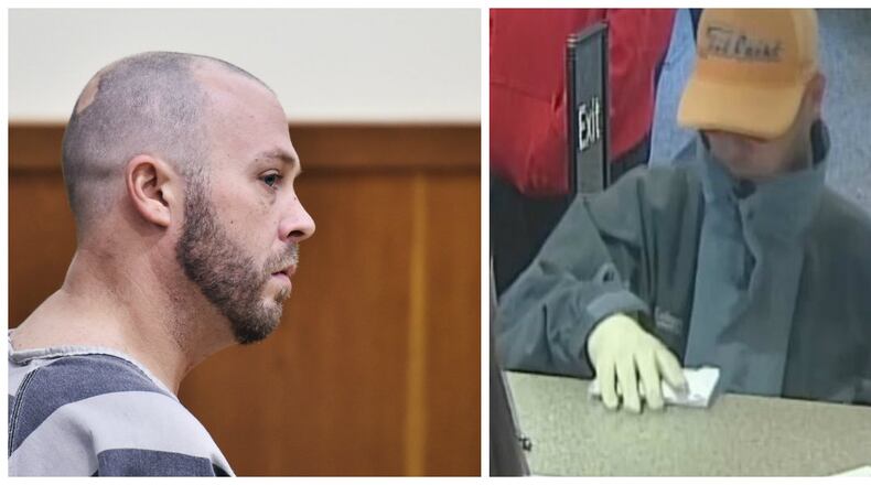 Dustin Pedersen (left) and a security camera image of the robber at Fifth Third Bank in Trenton. Pedersen pleaded guilty in April to two counts of robbery before Butler County Common Pleas Judge Michael Oster. On June 4, Pedersen was sentenced to four years in prison.