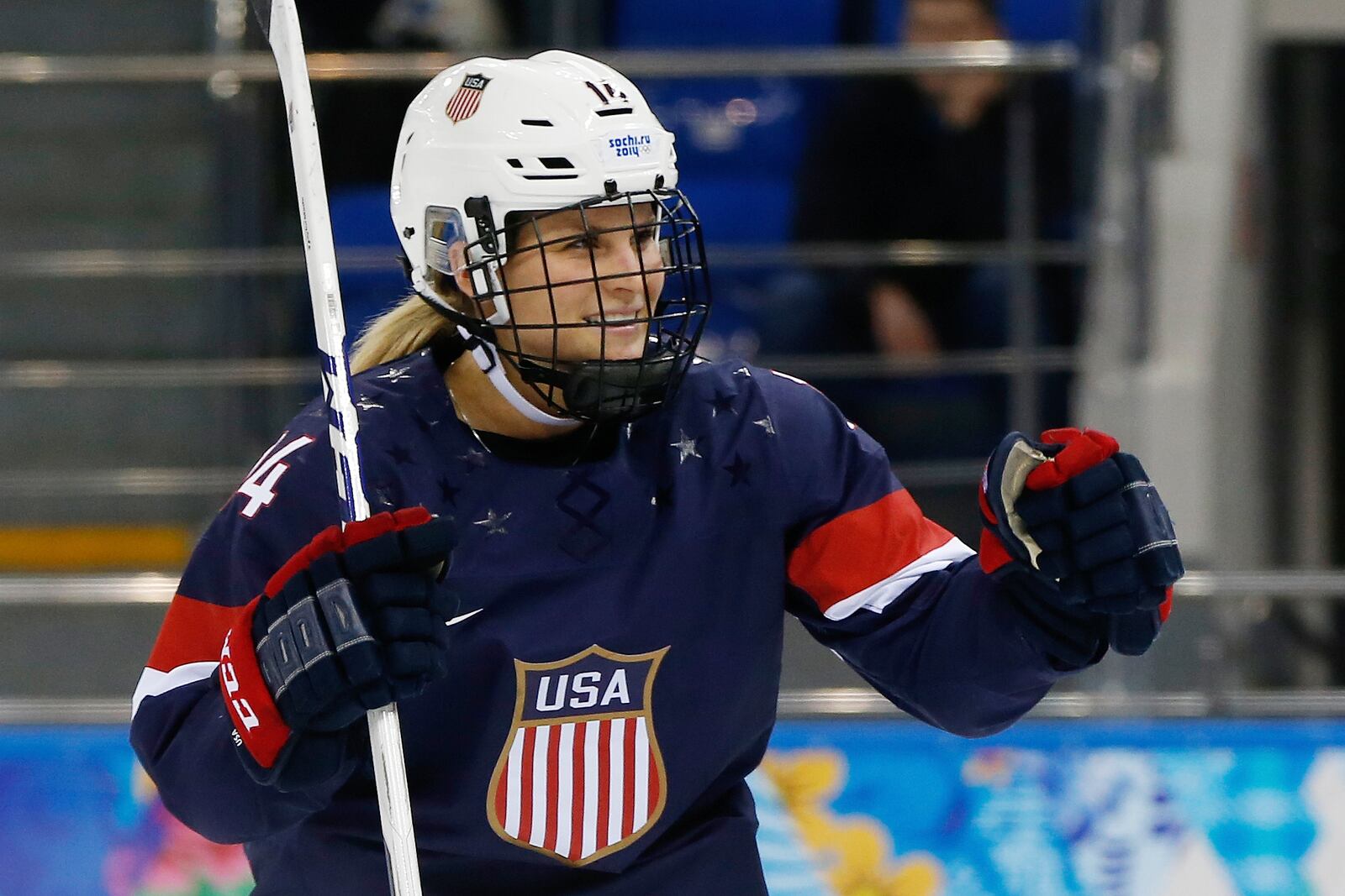 FILE - Brianna Decker of the United States celebrates her goal against Sweden during the third period of the 2014 Winter Olympics women's semifinal ice hockey game at Shayba Arena, Feb. 17, 2014, in Sochi, Russia. (AP Photo/Petr David Josek, File)