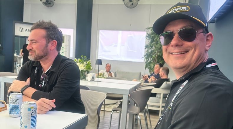 Former Joe Gibbs Racing competition director Chris Gabehart, right, and Spire co-owner Jeff Dickerson are pictured Saturday Feb. 28, 2026, at the IndyCar race in St. Petersburg, Fla. (AP Photo/Jenna Fryer)