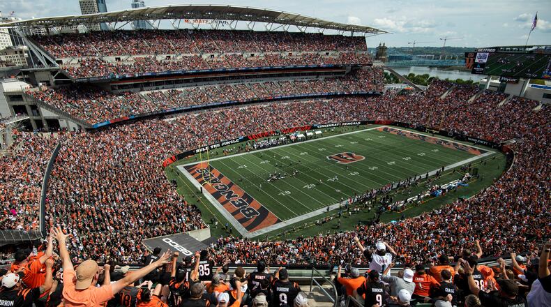 FILE -A general view of Paycor Stadium during an NFL football game between the Cincinnati Bengals and Baltimore Ravens on Sunday, Sept. 17, 2023, in Cincinnati. The Cincinnati Bengals plan to spend up to $120 million for upgrades to Paycor Stadium as part of showcasing the team's “support and commitment to a successful future in Cincinnati.” The construction, which will run through 2026, is a “necessary part of a long-standing plan to keep a successful team in Cincinnati and keep the Bengals competitive across the NFL,” the team said in a statement Tuesday, May 21, 2024. (AP Photo/Emilee Chinn, File)