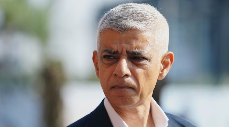 FILE - Mayor of London Sadiq Khan attends a tech event at the John Randle Centre in Lagos, Nigeria, July 15, 2025. (AP Photo/Sunday Alamba, File)