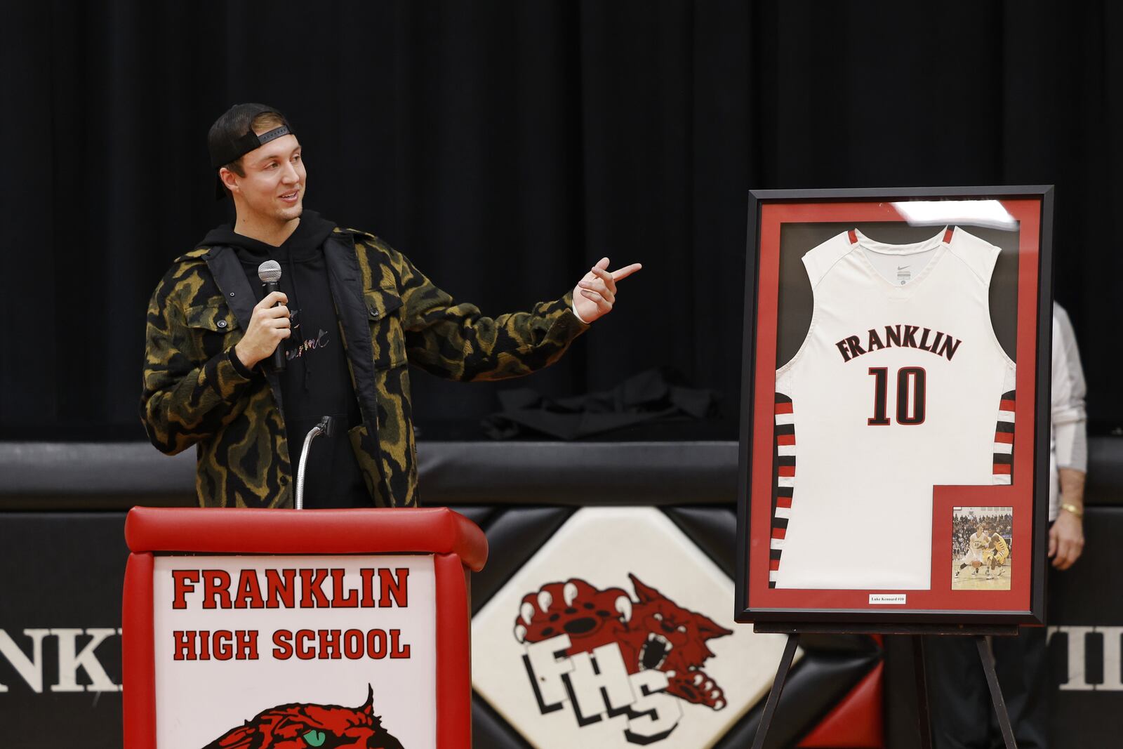 Former Franklin Wildcat and current Los Angeles Clippers basketball player Luke Kennard was honored by having his number 10 jersey retired before Franklin's basketball game against Springboro Tuesday, Feb. 1, 2022 in Franklin. NICK GRAHAM/STAFF