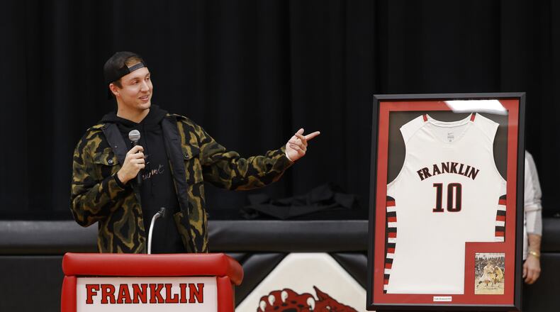 Former Franklin Wildcat and current Los Angeles Clippers basketball player Luke Kennard was honored by having his number 10 jersey retired before Franklin's basketball game against Springboro Tuesday, Feb. 1, 2022 in Franklin. NICK GRAHAM/STAFF