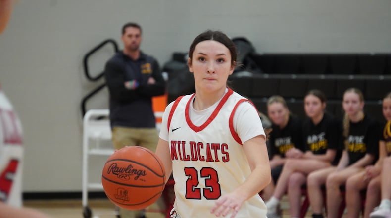 Franklin junior Ellie Whaley dribbles the ball up court against Ross on Saturday. CHRIS VOGT / CONTRIBUTED