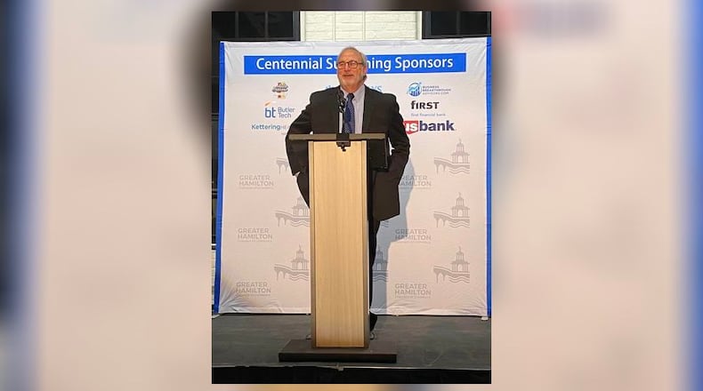 Hamilton 2022 Citizen of the Year Neil Cohen addresses a crowd of 500 at the annual Greater Hamilton Chamber of Commerce gathering Jan. 27, 2023 at Spook Nook Sports at Champion Mill. CONTRIBUTED