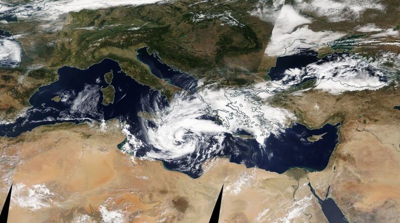 This is an image of a hurricane-like storm that hits Europe. COURTESY NASA