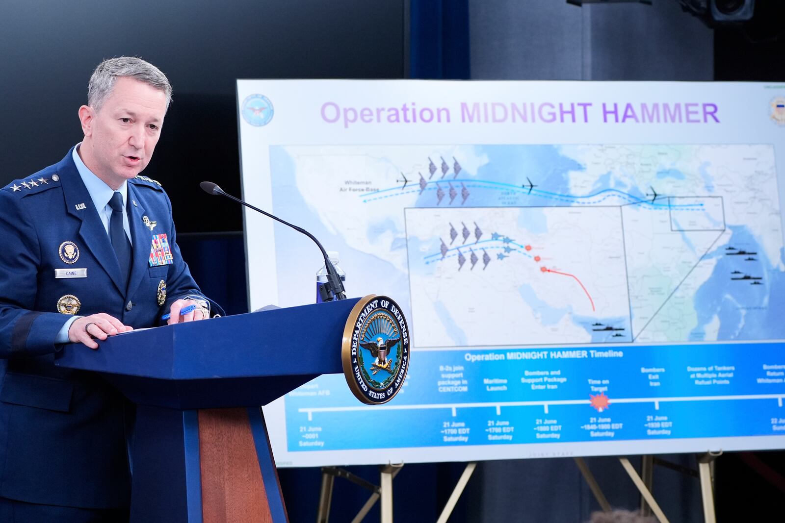 Joint Chiefs Chairman Gen. Dan Caine speaks during a news conference at the Pentagon in Washington, Sunday, June 22, 2025, after the U.S. military struck three sites in Iran, directly joining Israel's effort to destroy the country's nuclear program. (AP Photo/Alex Brandon)