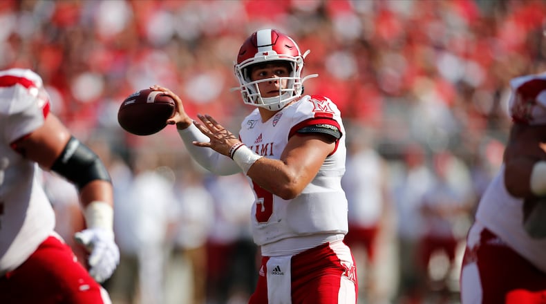 Miami quarterback Brett Gabbert plays against Ohio State during an NCAA college football game Saturday, Sept. 21, 2019, in Columbus, Ohio. (AP Photo/Jay LaPrete)