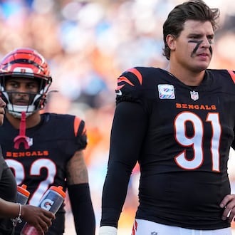 FILE - Cincinnati Bengals defensive end Trey Hendrickson (91) looks on during an NFL football game against the Detroit Lions Sunday, Oct. 5, 2025, in Cincinnati. (AP Photo/Jeff Dean, File)