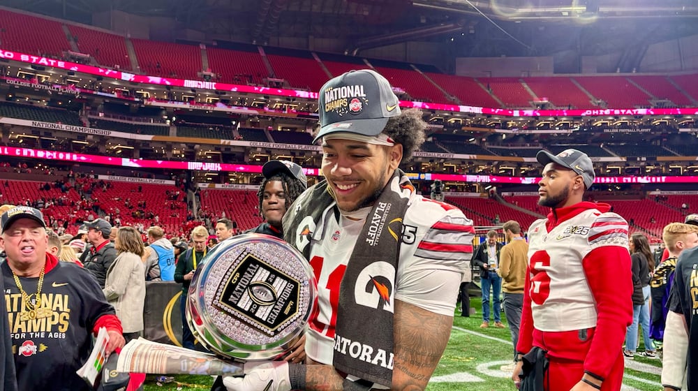 College Football Playoff behind the scenes in Atlanta, Jan. 2025: Alter grad C.J. Hicks celebrates after beating Notre Dame.
