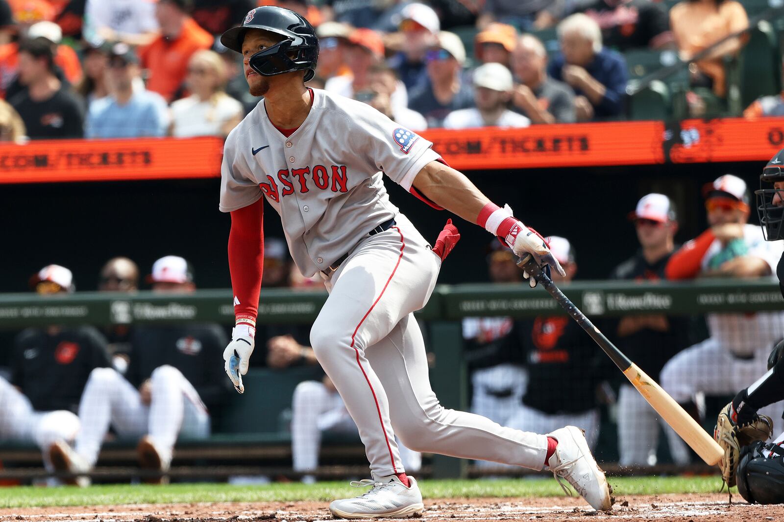 Boston Red Sox's Kristian Campbell hits a home run during the second inning of a baseball game against the Baltimore Orioles, Thursday, April 3 2025, in Baltimore. (AP Photo/Daniel Kucin Jr.)