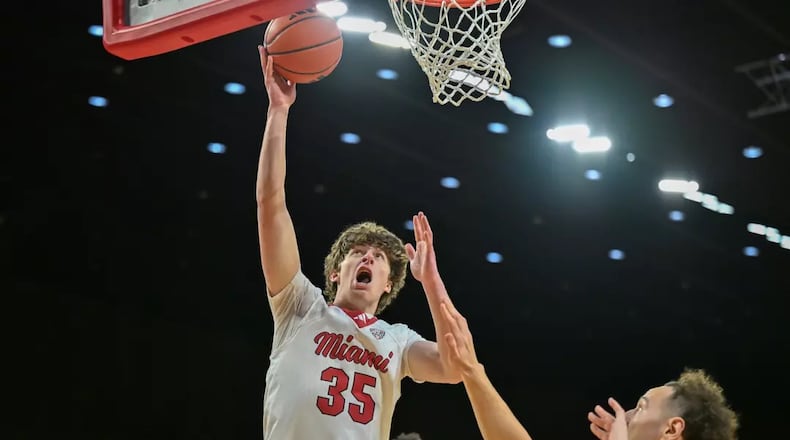 Miami's Reece Potter goes up for a basket against Sacred Heart. Potter scored a career-high 19 points to lead the RedHawks. Miami Athletics photo