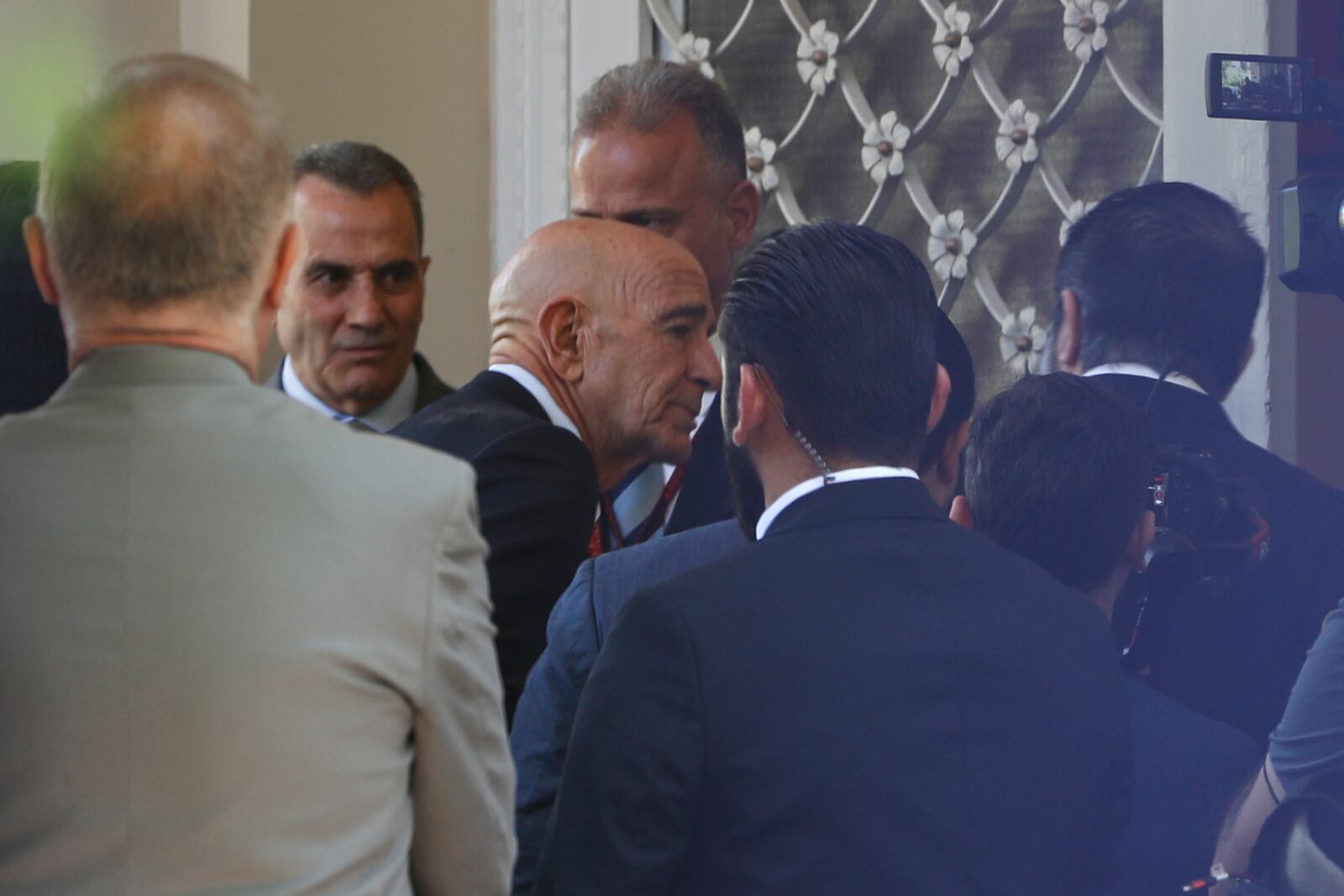 U.S. Ambassador to Turkey and Special Envoy to Syria Tom Barrack, center, arrives to inaugurate the long-shuttered U.S. ambassador's residence in Damascus, Syria, Thursday, May 29, 2025. (AP Photo/Omar Sanadiki)