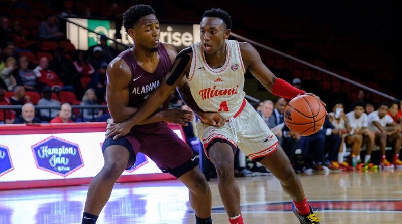 Miami’s Nike Sibande against Alabama A&M on Nov. 16, 2019, at Millett Hall in Oxford. Miami Athletics photo