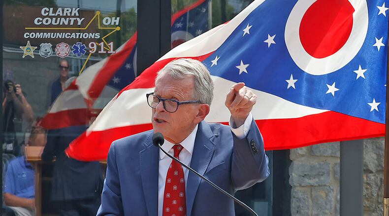 Ohio Governor Mike DeWine speaks during the dedication ceremony of the new Clark County Dispatch Center Friday, August 25, 2023. BILL LACKEY/STAFF