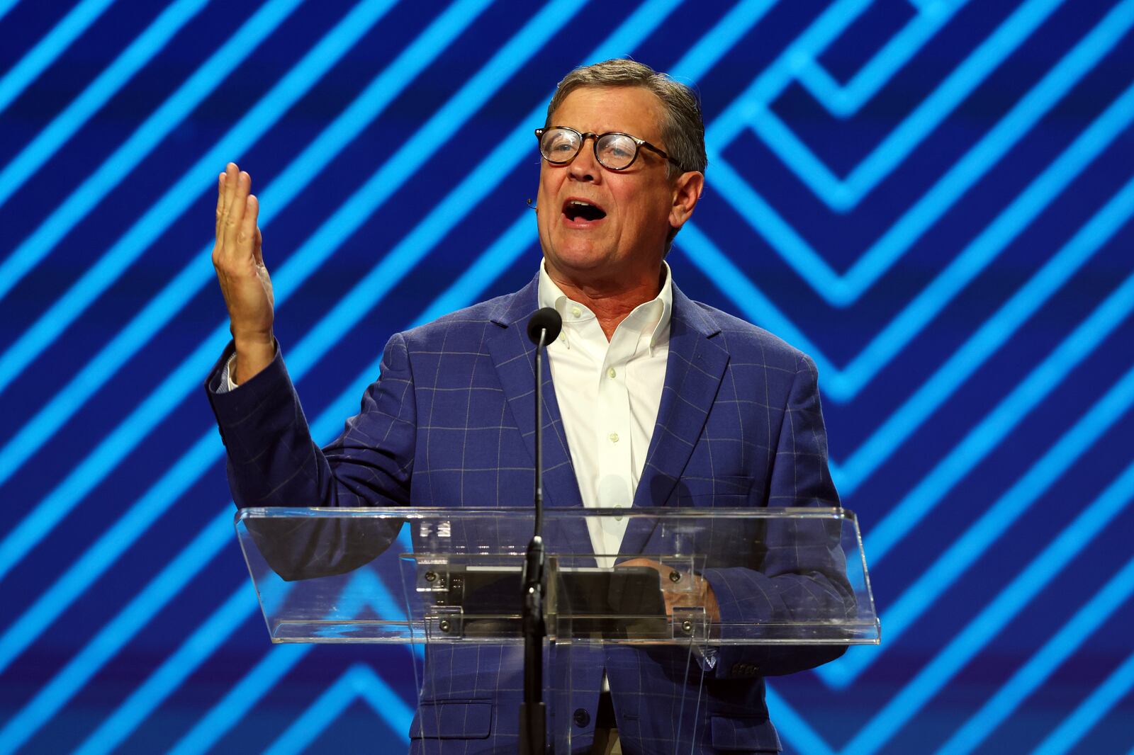 Kevin Ezell, president of the North American Mission Board, speaks during the 2025 Southern Baptist Convention Annual Meeting, Tuesday, June 10, 2025, in Dallas. (AP Photo/Richard W. Rodriguez)