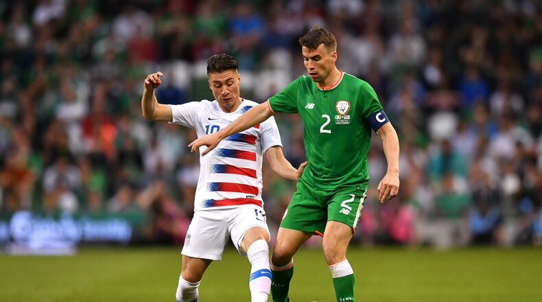 DUBLIN, IRELAND - JUNE 02: Jorge Villafana of The United States and Seamus Coleman of the Republic of Ireland compete for the ball during the International Friendly match between the Republic of Ireland and The United States at Aviva Stadium on June 2, 2018 in Dublin, Ireland. (Photo by Dan Mullan/Getty Images)