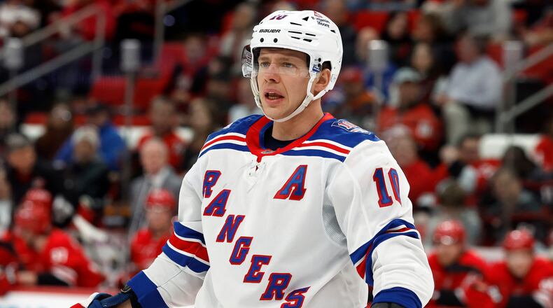 FILE - New York Rangers' Artemi Panarin (10) waits for a face-off during the first period of an NHL hockey game against the Carolina Hurricanes in Raleigh, N.C., Dec. 29, 2025. (AP Photo/Karl DeBlaker, File)