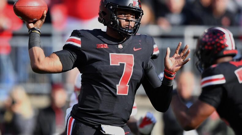 COLUMBUS, OH - NOVEMBER 3: Quarterback Dwayne Haskins #7 of the Ohio State Buckeyes passes in the fourth quarter against the Nebraska Cornhuskers at Ohio Stadium on November 3, 2018 in Columbus, Ohio. Ohio State defeated Nebraska 36-31. (Photo by Jamie Sabau/Getty Images)