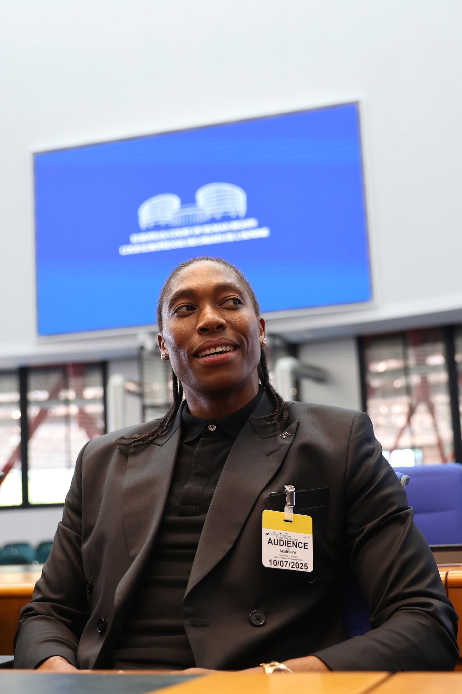 South Africa's Caster Semenya sits in the European Court of Human Rights before its decision over sex eligibility rules in sports, Thursday, July 10, 2025 in Strasbourg, eastern France. (AP Photo/Antonin Utz)