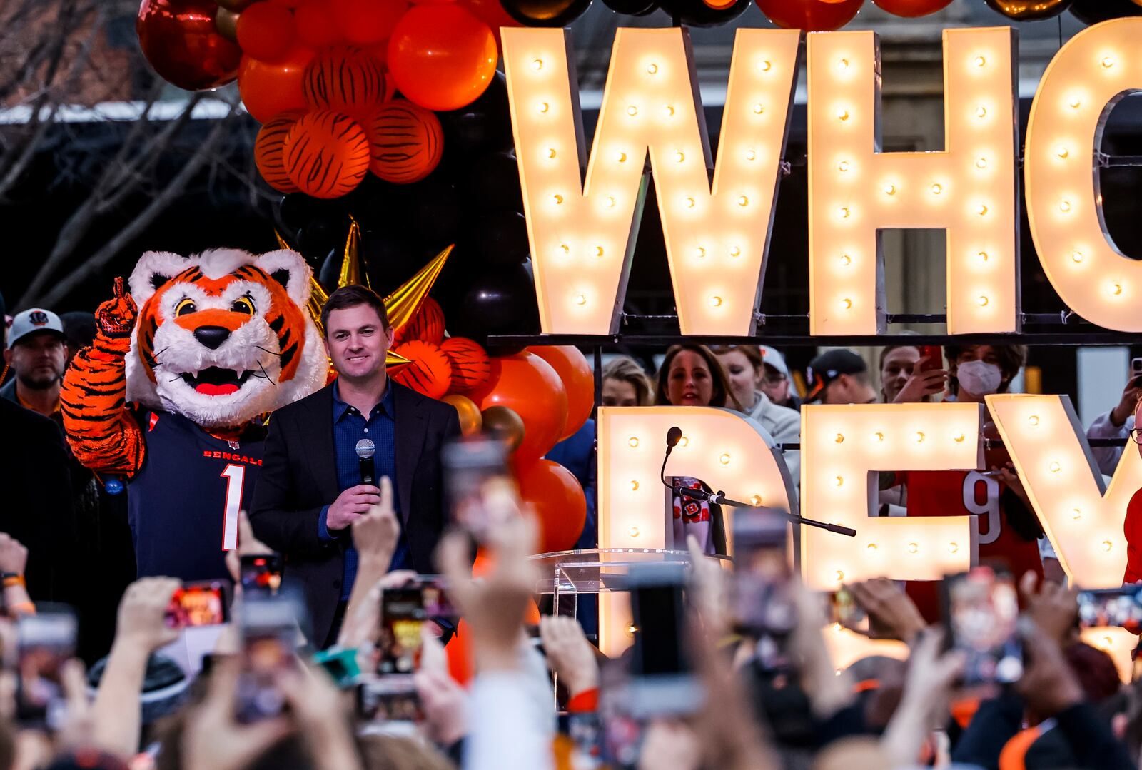 Bengals head coach Zac Taylor speaks to the crowd during a rally in support of the Cincinnati Bengals Wednesday, Feb. 16, 2022 at Washington Park in Cincinnati. NICK GRAHAM/STAFF