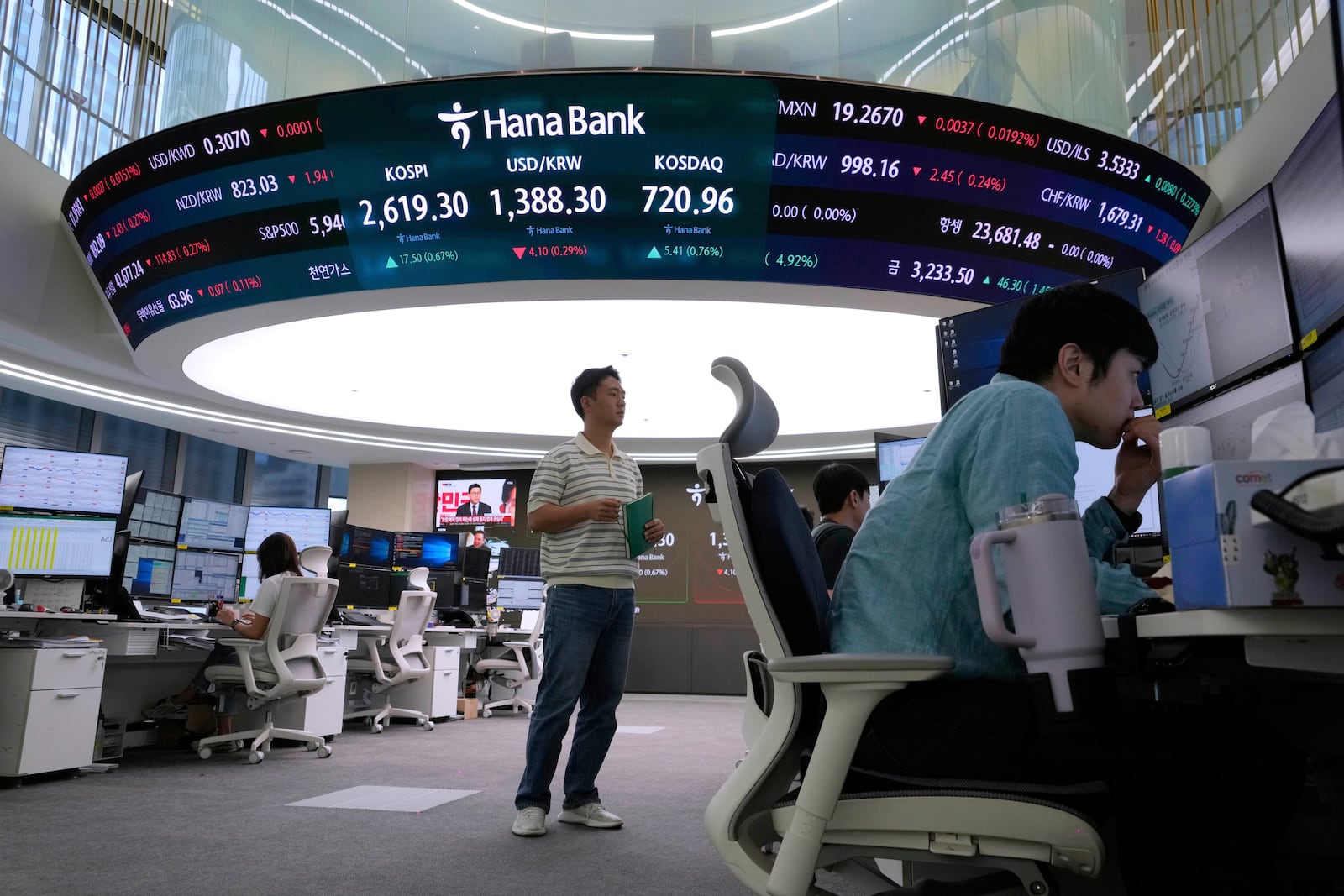 Currency traders work near a screen showing the Korea Composite Stock Price Index (KOSPI), top center left, and the foreign exchange rate between U.S. dollar and South Korean won, top center, at the foreign exchange dealing room of the KEB Hana Bank headquarters in Seoul, South Korea, Wednesday, May 21, 2025. (AP Photo/Ahn Young-joon)