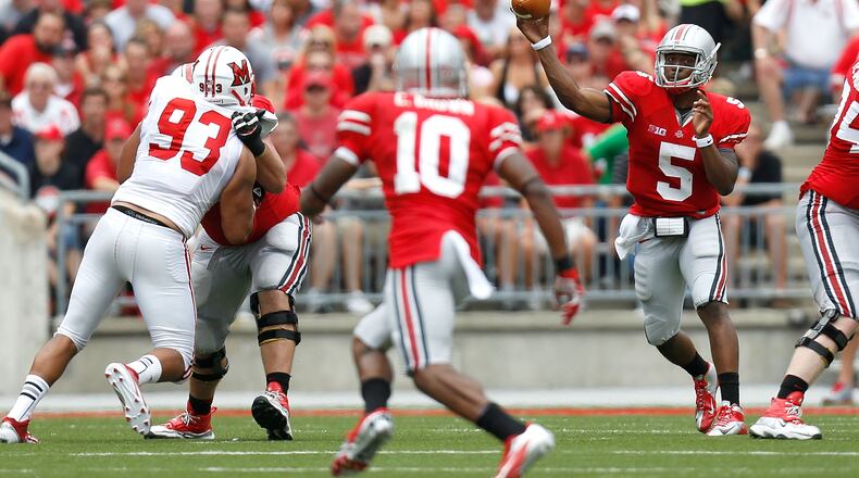 COLUMBUS, OH - SEPTEMBER 1: Braxton Miller #5 of the Ohio State Buckeyes throws a pass to Corey Brown #10 of the Ohio State Buckeyes during the second quarter against the Miami Redhawks on September 1, 2012 at Ohio Stadium in Columbus, Ohio. (Photo by Kirk Irwin/Getty Images)
