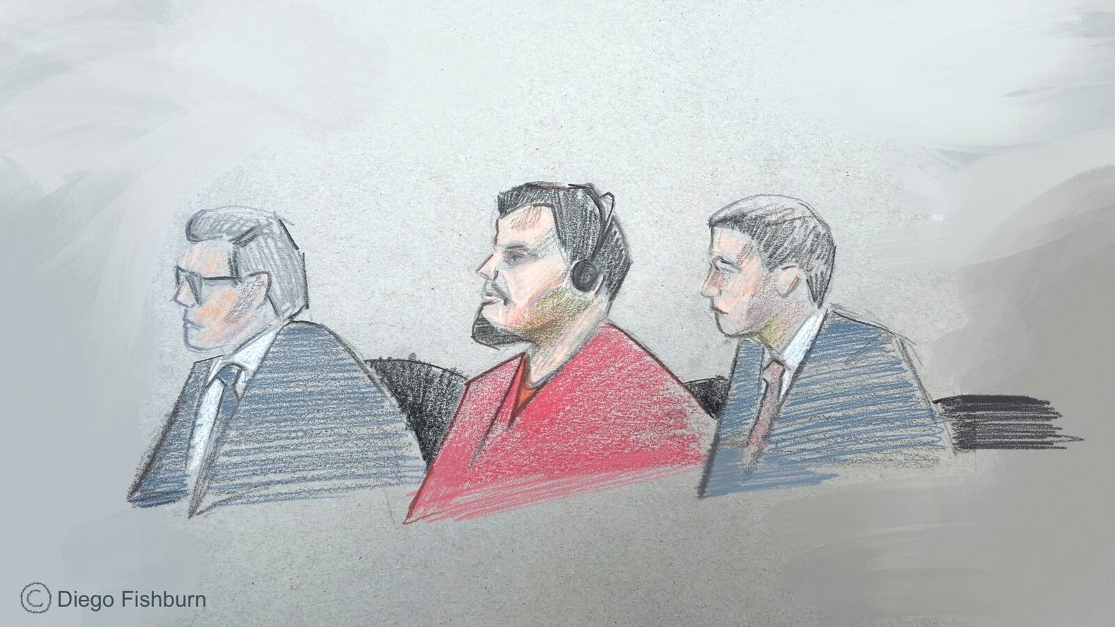This courtroom sketch depicts, from left, attorney Sean Hecker, Kilmar Abrego Garcia and attorney Rascoe Dean in court during Garcia's detention hearing on Wednesday, June 25, 2025, in Nashville, Tenn. (AP Photo/Diego Fishburn)