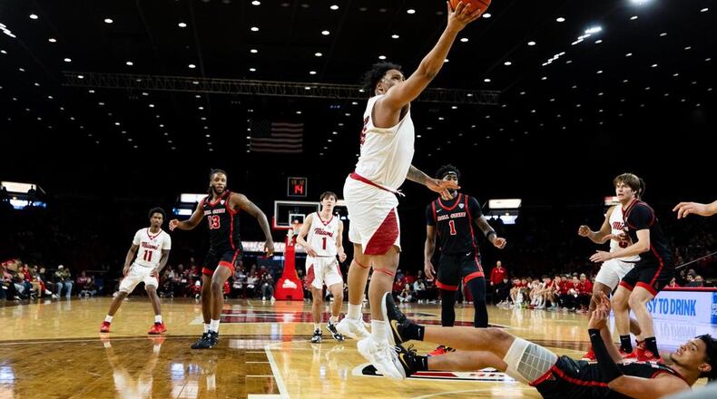 Miami's Anderson Mirambeaux goes up for a shot inside against Ball State during Saturday's game at Millett Hall. Ricardo Trevino/Miami Athletics