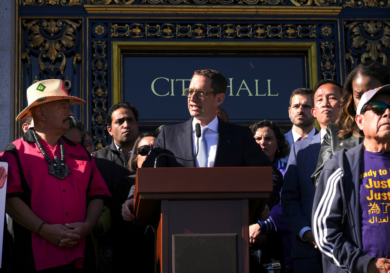 FILE - San Francisco Mayor Daniel Lurie speaks at a rally of city leaders opposing President Trump's immigration crackdown on the steps of City Hall Tuesday, Jan. 28, 2025 in San Francisco. (AP Photo/Terry Chea, File)