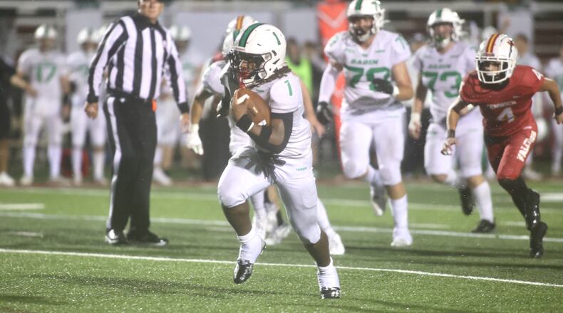 Badin's Lem Grayson runs for a touchdown against Bishop Fenwick on Friday, Sept. 27, 2024, at Bishop Fenwick in Franklin. David Jablonski/Staff