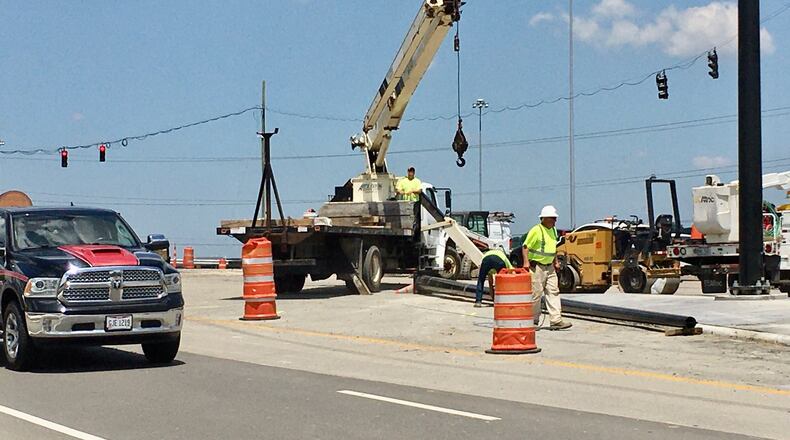 Thousands of motorists will be detoured for five days from the $20 million construction project of the Union Centre Boulevard overpass of Interstate 75 in Butler County’s West Chester Township. Officials with the county engineer’s office announced the detour will run from 9 p.m. July 15 until 6 a.m. July 20, weather permitting. The road project is scheduled to be done by Aug. 1. (Photo By Michael D. Clark/Journal-News)