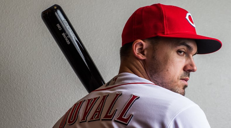 Adam Duvall #23 of the Cincinnati Reds poses for a portrait at the Cincinnati Reds Player Development Complex on February 20, 2018 in Goodyear, Arizona. (Photo by Rob Tringali/Getty Images)