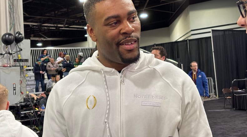 Notre Dame assistant coach Mike Mickens, a Wayne High School grad, speaks at CFB Media Day in Atlanta, Ga., on Jan. 18, 2025.