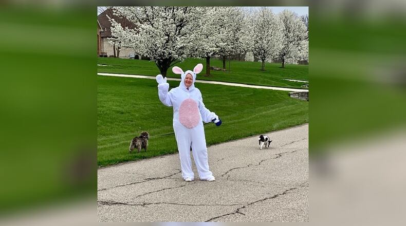 Kellee Thomas bought her fiance a bunny suit as a joke and when it was too small for him, she started wearing it around her neighborhood. She says wearing the suit has brought happiness to people. SUBMITTED PHOTO