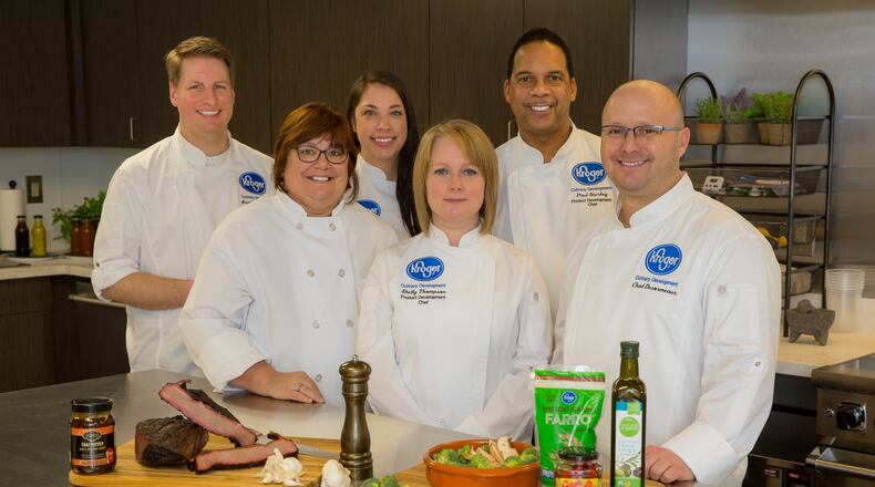 Chefs at Kroger's Culinary Innovation Center, a state-of-the-art test kitchen and education center in downtown Cincinnati.  From left, first row: Kathy Klingensmith, senior culinary chef for Our Brands; Shelly Thompson, product development chef; and Chad Desormeaux; culinary innovation chef. From left, second row: Brandon Fortener; product development chef; Alissa Weldy, culinary assistant; and Paul Sturkey, product development chef.