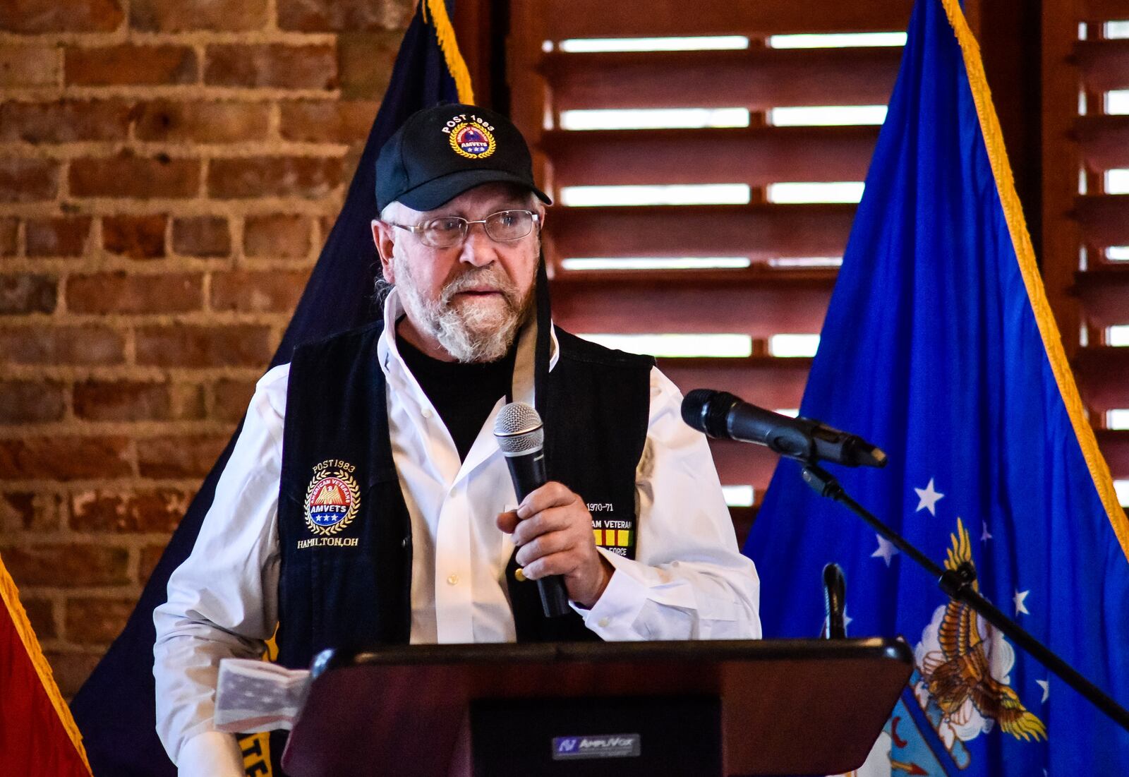 Air Force veteran James Carl Lewis was presented with the Veteran of the Year award on Veterans Day Wednesday, Nov. 11, 2020 at Michael J. Cooligan Lodge at Veterans Park in Hamilton. NICK GRAHAM / STAFF