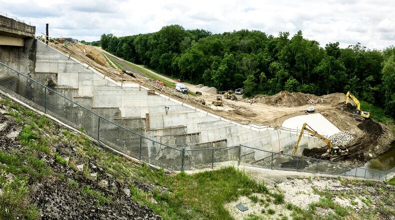 A Miami Conservancy District contractor replaced 15 vertical feet of deteriorating concrete with new on a spillway wall at Lockington Dam in southern Shelby County. MIAMI CONSERVANCY DISTRICT