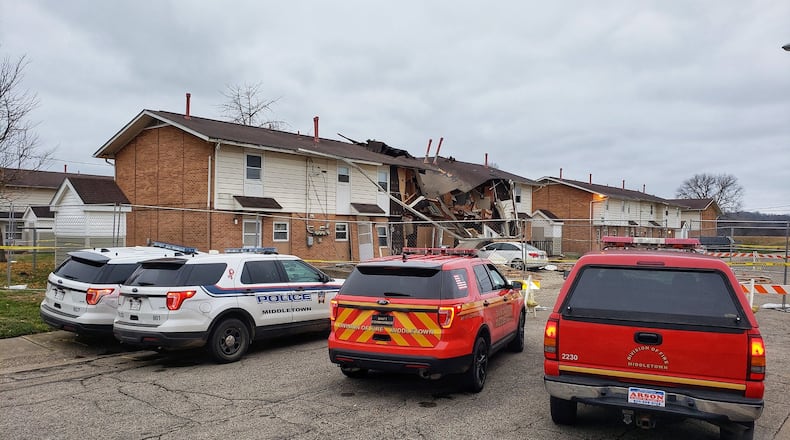 Middletown police and fire officials are continuing to investigate the cause of the explosion Monday morning that severely damaged several apartments in a Butler County Metropolitan Housing Authority (BMHA) property on Cribbs Avenue. NICK GRAHAM/STAFF
