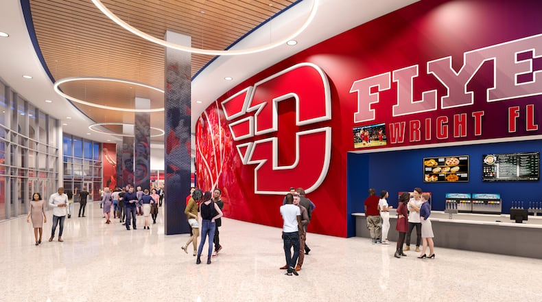 Renderings of proposed renovations to UD Arena. The $72 million in renovations will feature new premier seating, an expanded concourse and changes to the building s exterior. CONTRIBUTED
