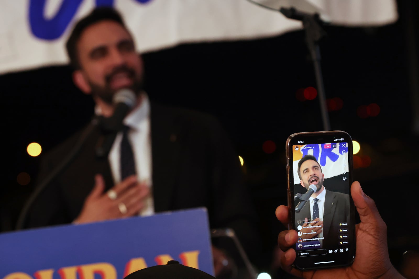 Democratic mayoral candidate Zohran Mamdani is recorded by supporters while he speaks at his primary election party, Wednesday, June 25, 2025, in New York. (AP Photo/Heather Khalifa)