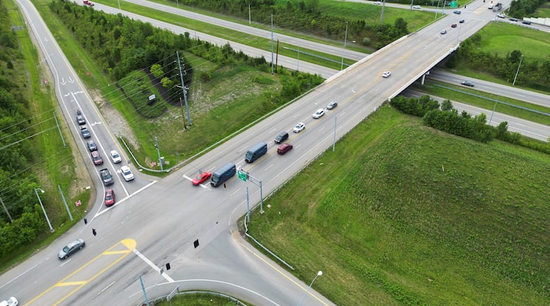 The state is spending $300,000 to study a diverging diamond design for the Ohio 129 and 747 overpass, pictured, and nearly $1 million for a new roundabout at Dimmick and McCauly roads in West Chester. NICK GRAHAM/STAFF