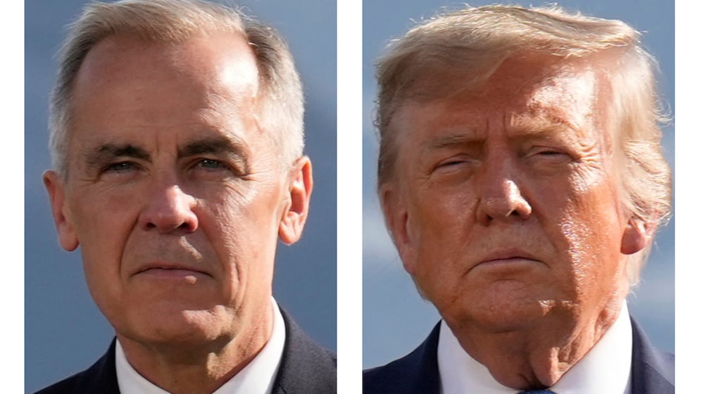 This combination of images shows Canada's Prime Minister Mark Carney and President Donald Trump during a group photo at the G7 Summit, June 16, 2025, in Kananaskis, Canada. (AP Photo/Mark Schiefelbein)