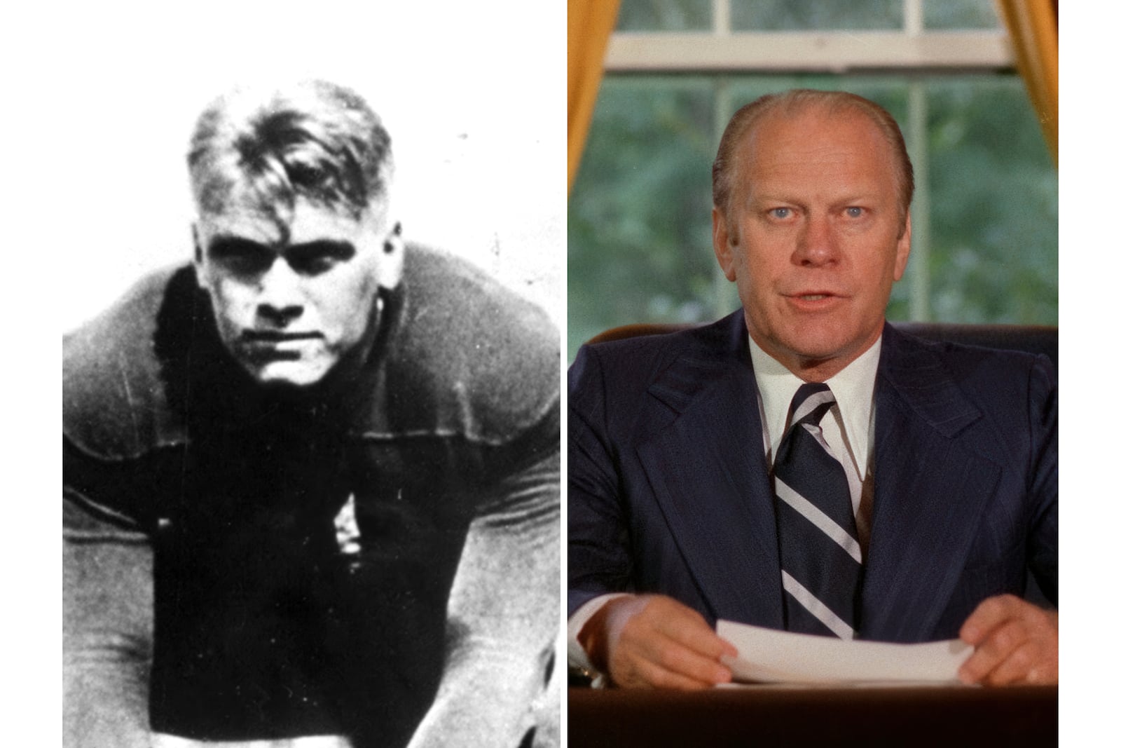 At left, Gerald Ford is shown as he appeared at center for the University of Michigan in 1934 and as President Gerald Ford as he pardoned former President Richard Nixon from the Oval Office of the White House in Washington, Sept. 8, 1974. (AP Photo/File)