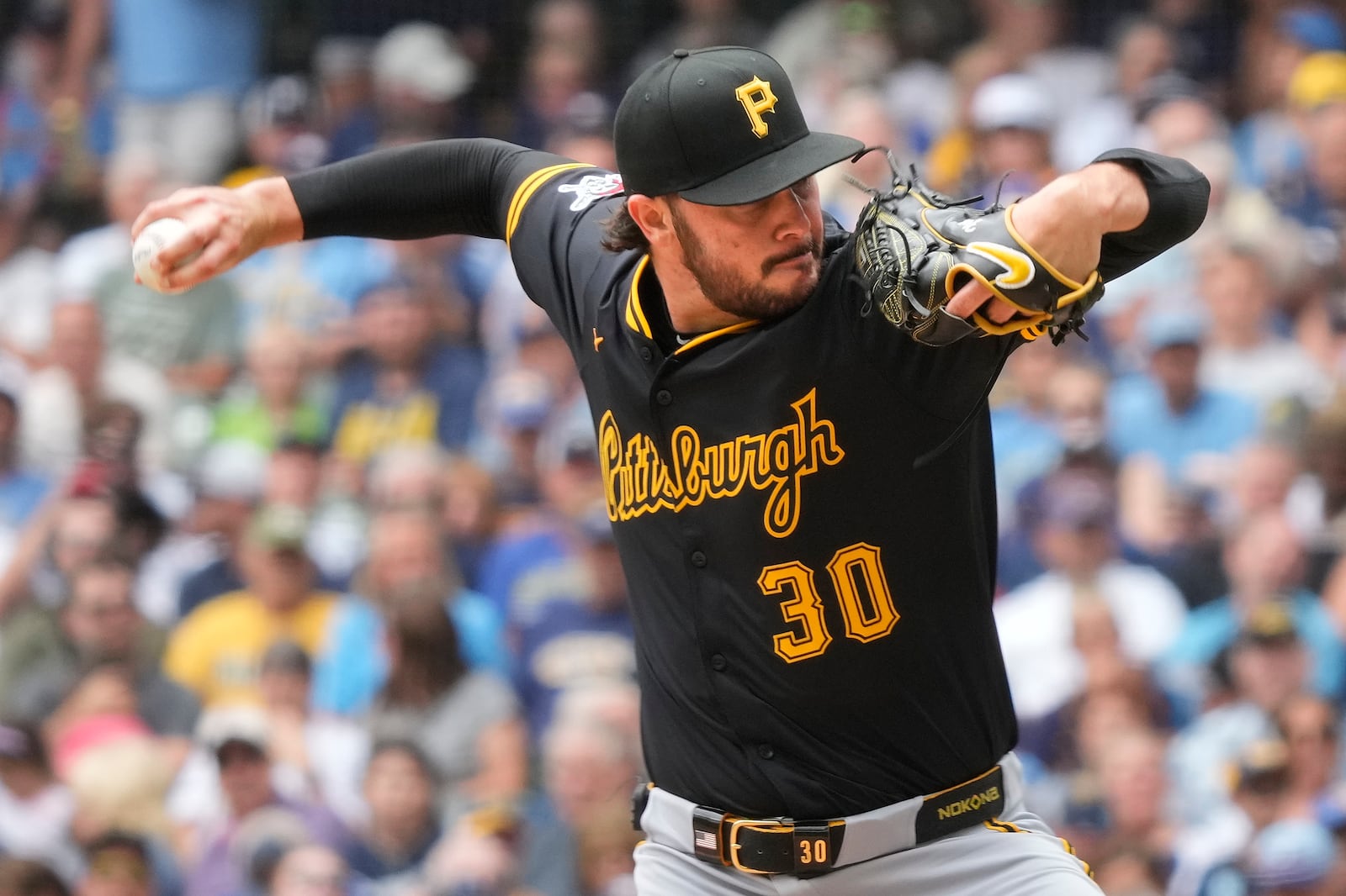Pittsburgh Pirates pitcher Paul Skenes (30) throws during the second inning of a baseball game against the Milwaukee Brewers, Wednesday, June 25, 2025, in Milwaukee. (AP Photo/Kayla Wolf)