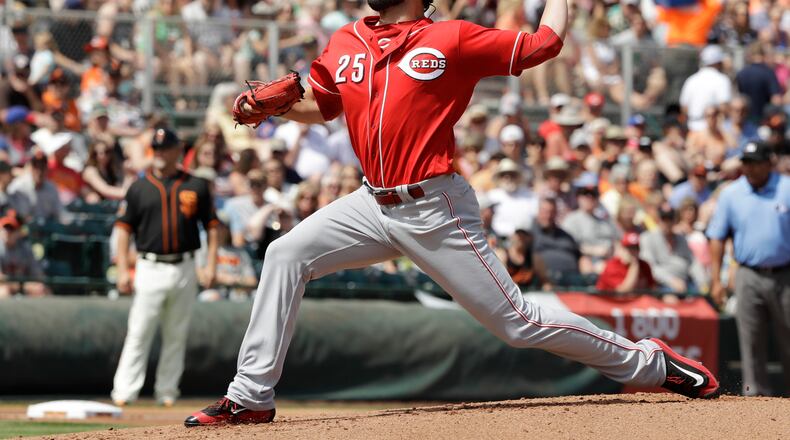 Cincinnati Reds’ Cody Reed throws during the first inning of a spring training baseball game against the San Francisco Giants, Monday, March 27, 2017, in Scottsdale, Ariz. (AP Photo/Darron Cummings)