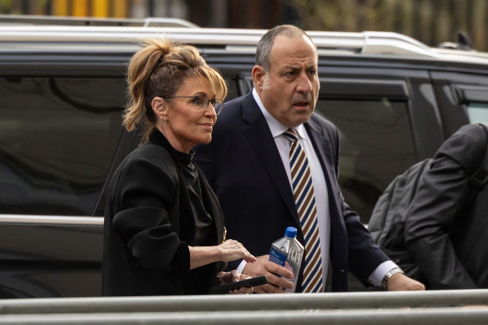 Former Alaska Gov. Sarah Palin arrives at Manhattan federal court, Monday, April 14, 2025, in New York. (AP Photo/Yuki Iwamura)