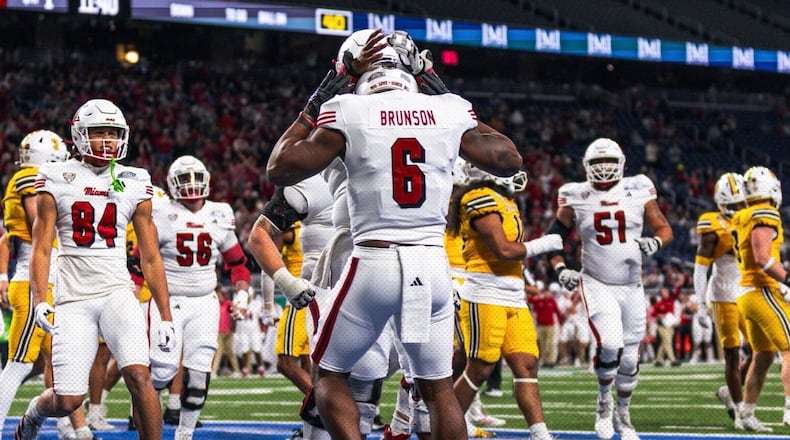 Miami’s Jordan Brunson (6) scores a touchdown against Western Michigan during the MAC Championship Game on Saturday at Ford Field in Detroit. MIAMI ATHLETICS