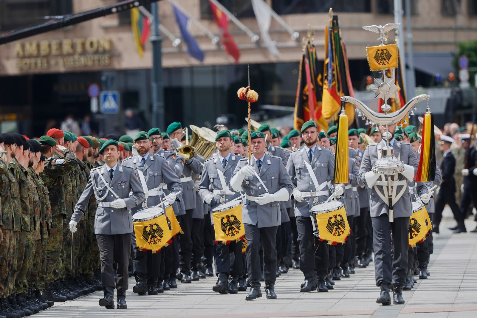 German soldiers march at the formal inauguration of a German brigade for NATO's eastern flank in the center of Vilnius, Lithuania, Thursday, May 22, 2025. (AP Photo/Mindaugas Kulbis)